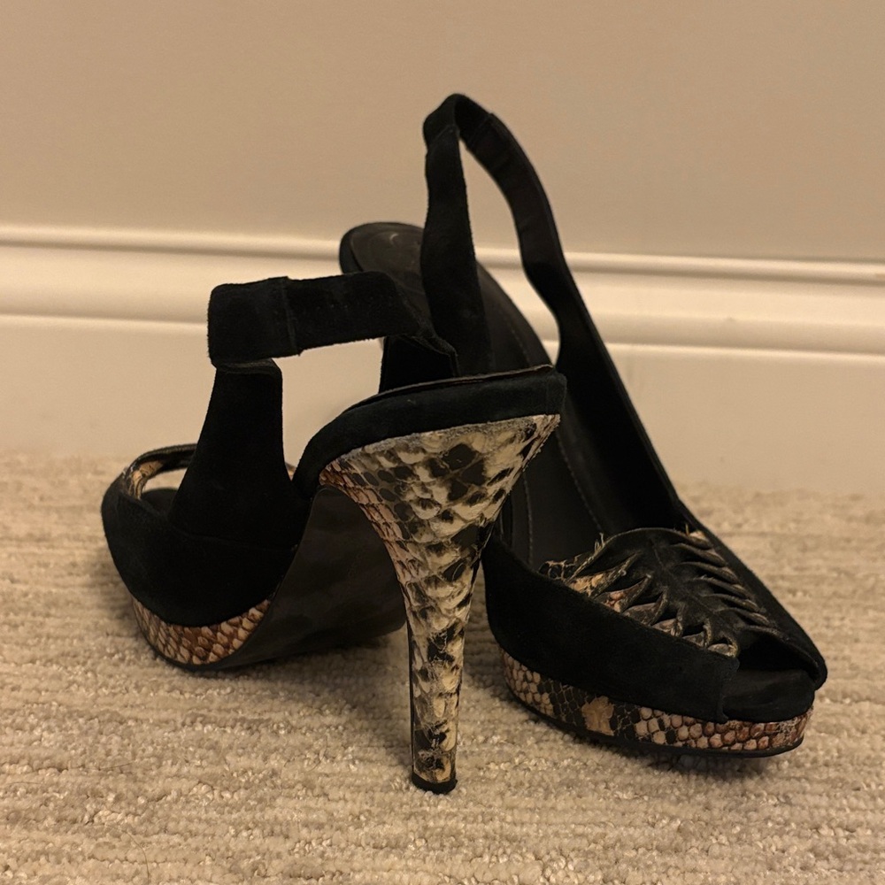 BCBG Sassy Black and Snake Print Women's Slingback Heels
